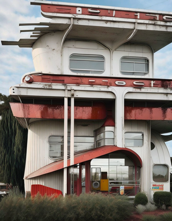 Retro-futuristic spaceship-like building with red and white colors surrounded by overgrowth