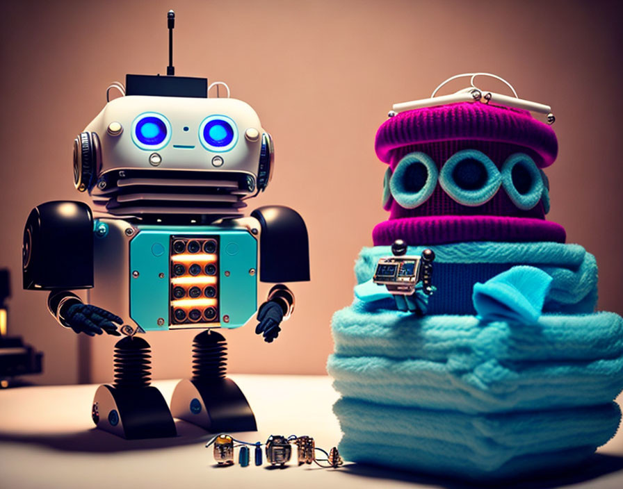 Whimsical robot with blue eyes next to stack of towels and cute monster-face winter hat.