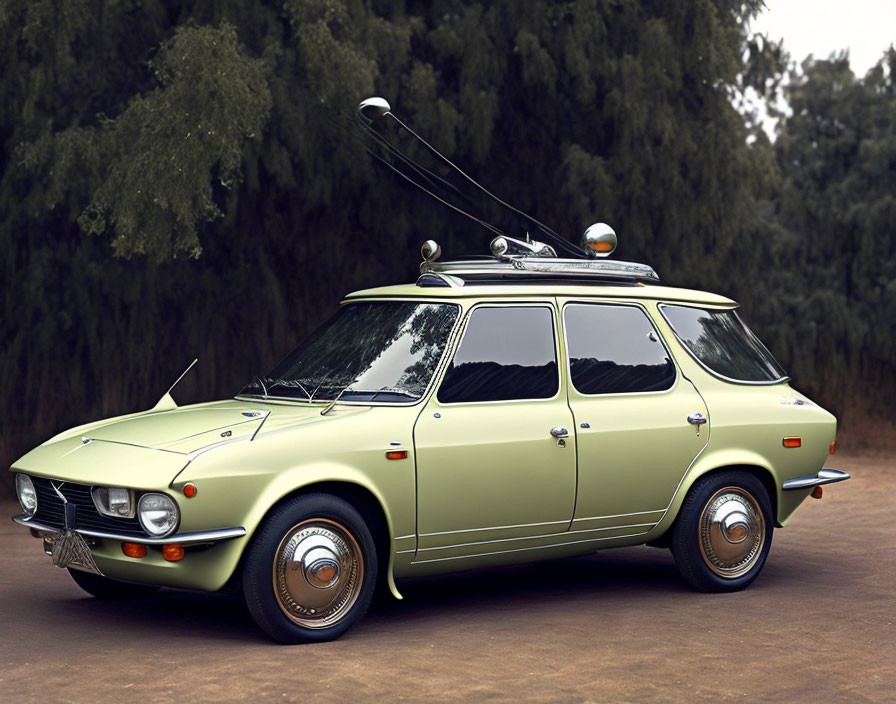 Classic Green Car with Roof Rack and Antennas on Dirt Path