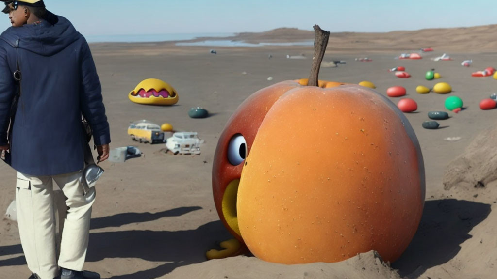 Person in Desert Landscape with Oversized Apple-Shaped Objects