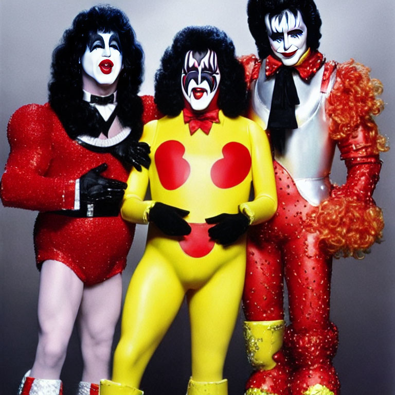 Three individuals in flamboyant costumes with exaggerated heart symbols.