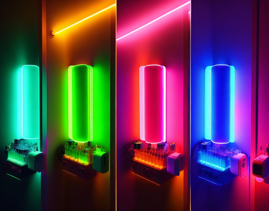 Vibrant red, green, and blue neon tube lights in dark room with electronic equipment below