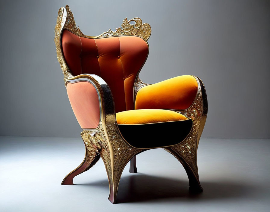 Baroque-style chair with gold details and orange-black upholstery on gray background