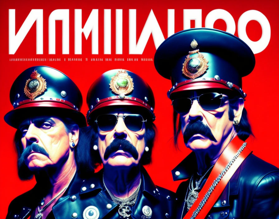 Stylized military uniforms with peaked caps and sunglasses on three men against a red backdrop.