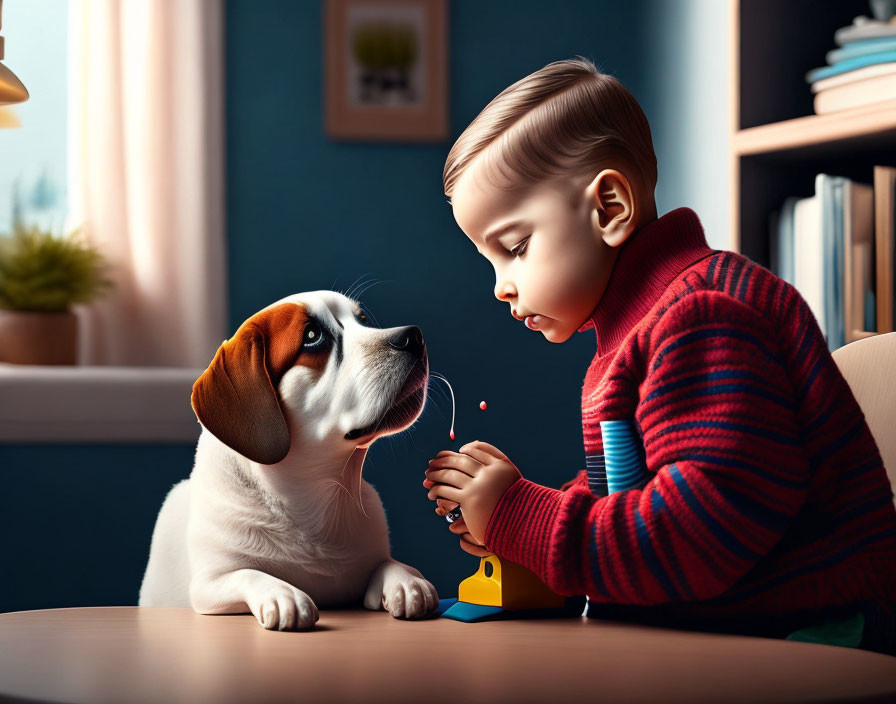 Child in red sweater blowing bubbles with attentive beagle near window