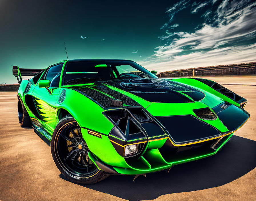 Sleek green sports car with black accents and racing stripes parked in empty lot