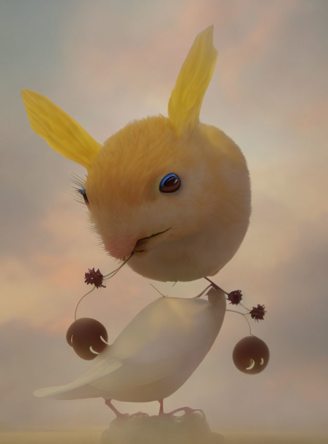 Creature with Bird Body & Rabbit Head in Soft Sunset Sky