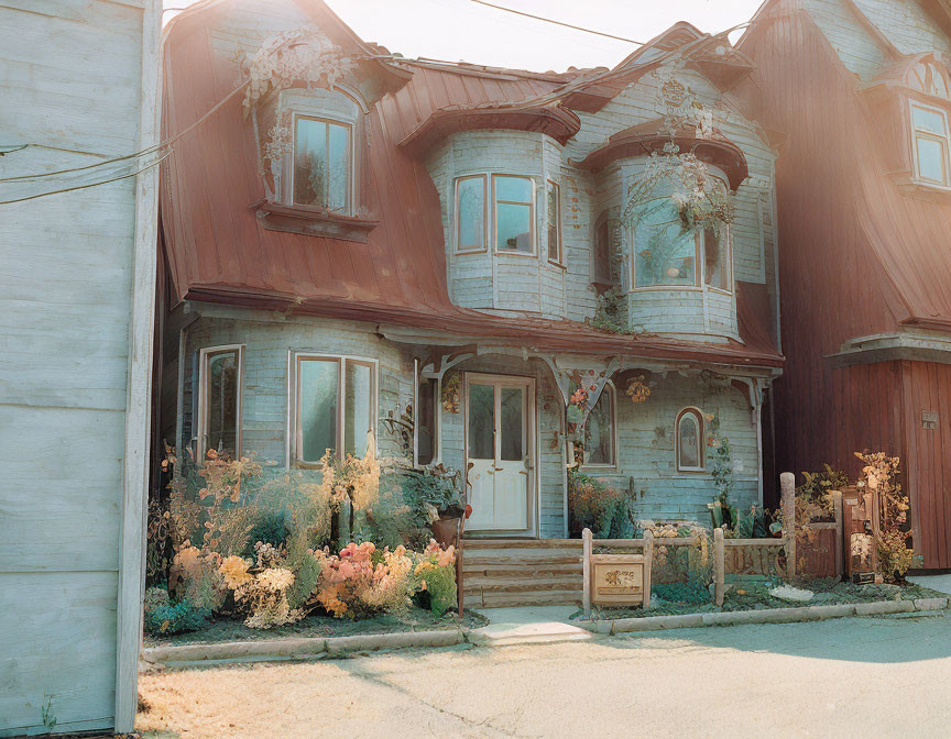 Weathered blue house with intricate woodwork and lush plants casting shadows