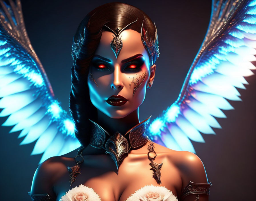 Blue feathered wings, elaborate headpiece, intricate facial markings - Red eyes female character