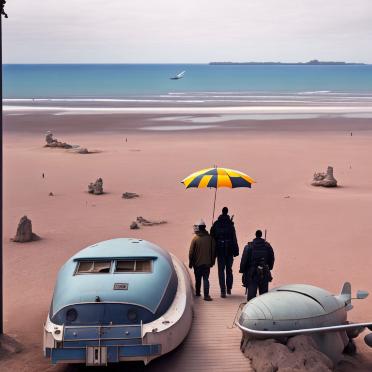 Three people under striped umbrella on wooden walkway by beach with caravan and boat.