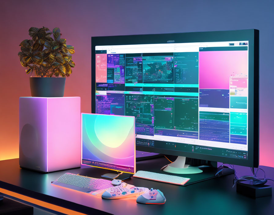 Colorful RGB Lighting, Large Monitor, Keyboard, Gaming Controller, Laptop, Potted Plant on Desk