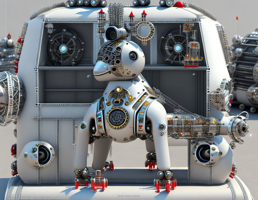 Detailed 3D Render of Mechanical Dog & Spherical Robots