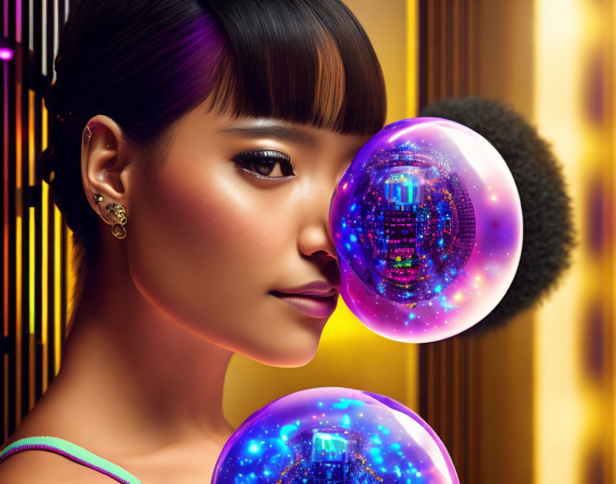 Stylish woman with futuristic orb and cityscape backdrop