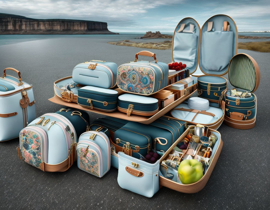 High-end luggage and travel accessories displayed on rocky shore with ocean and cliffs.