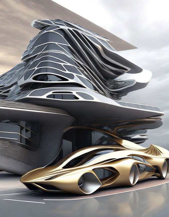 Innovative Futuristic Building and Gold-Colored Concept Car