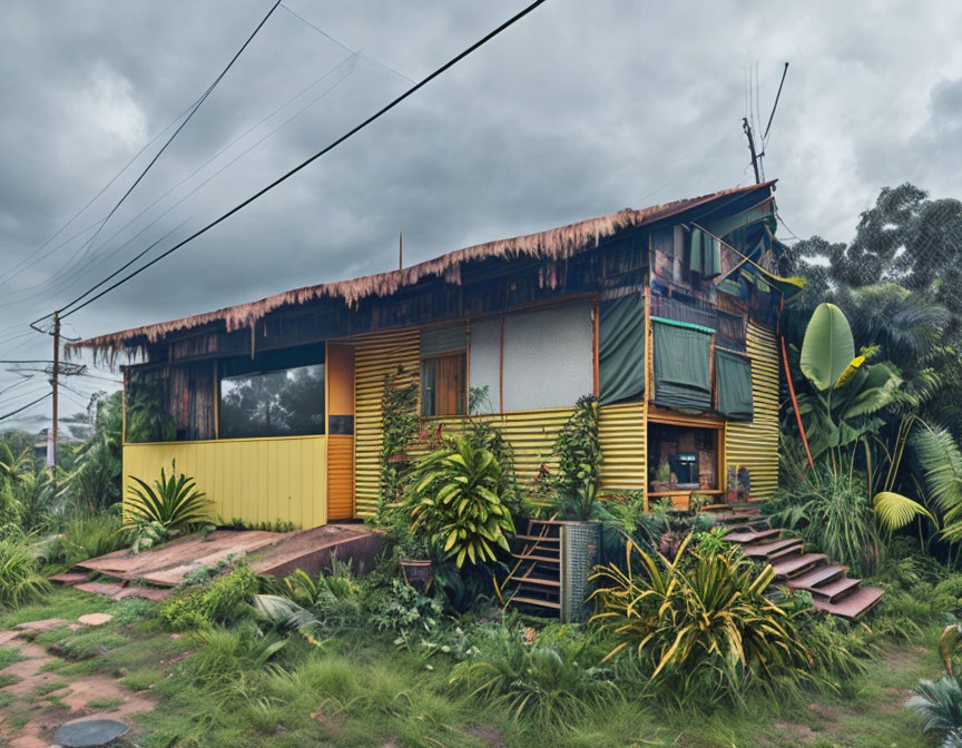 Yellow House Surrounded by Greenery Under Overcast Sky