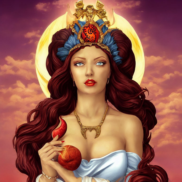 Illustrated woman with auburn hair and crown holding fruit under glowing moon