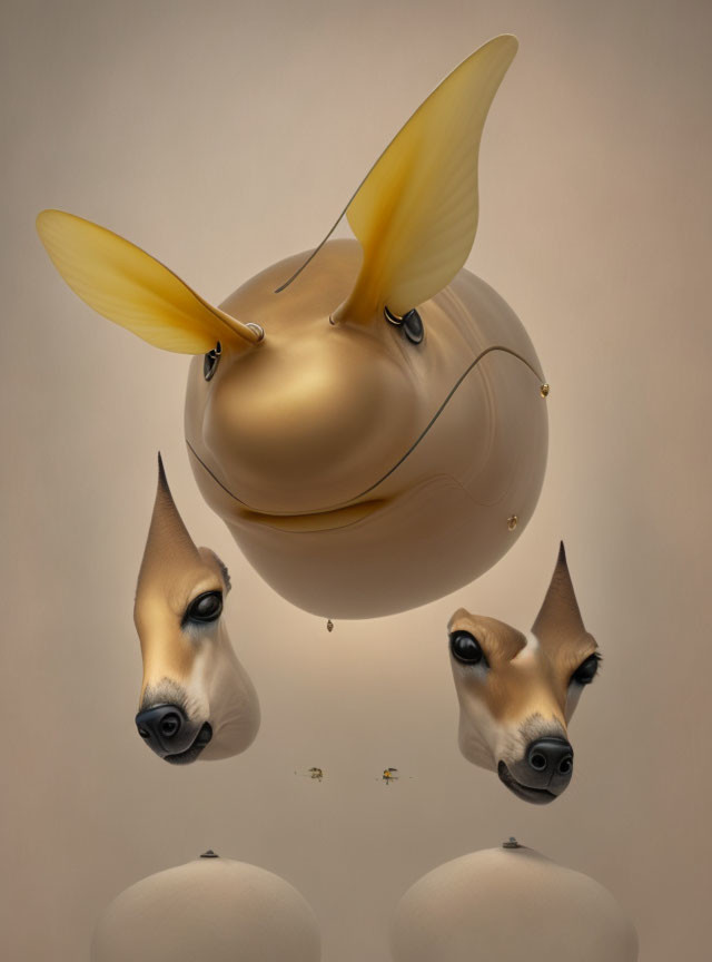 Golden balloon-like structure with ears and dog-like faces hovering above egg shapes and bees.