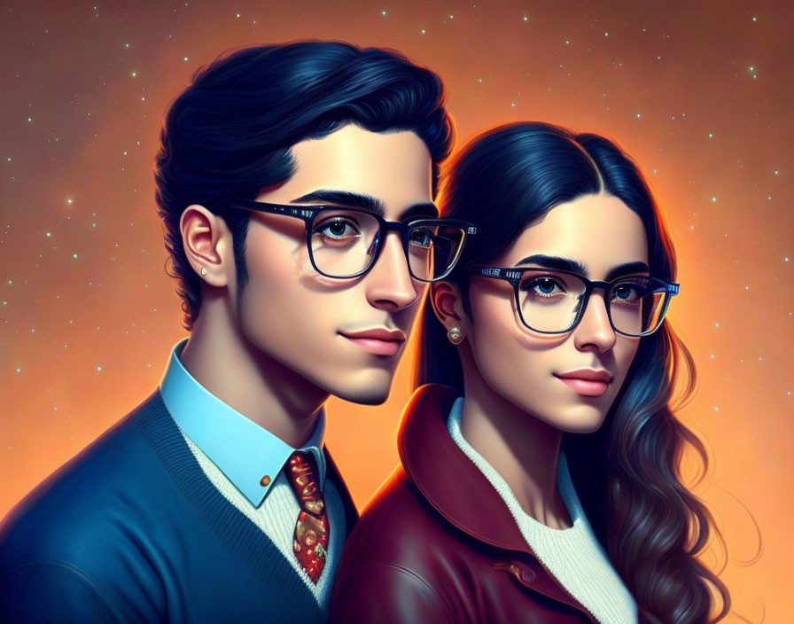 Digital illustration of young man and woman with glasses on orange backdrop