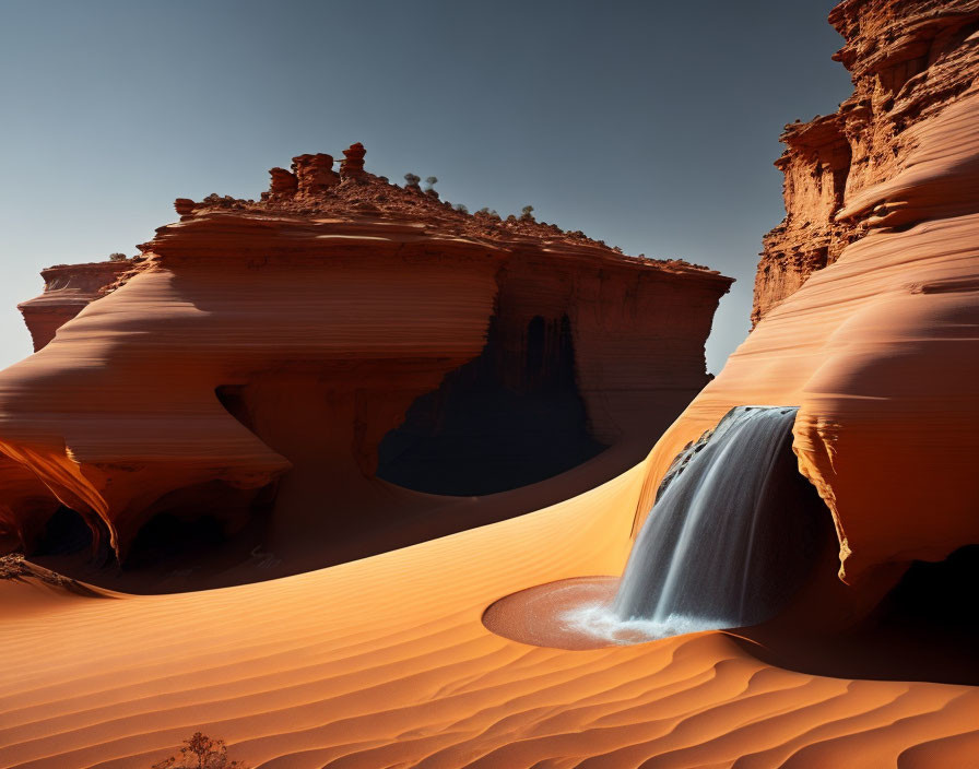 Sandstone waterfall cascading into desert basin under blue sky