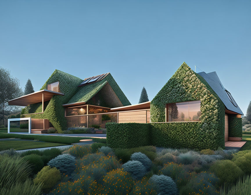 Contemporary House with Green Roofs, Large Windows & Garden at Dusk