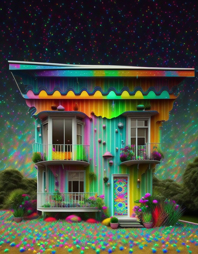 Colorful Rainbow-Painted Building in Starry Night Scene