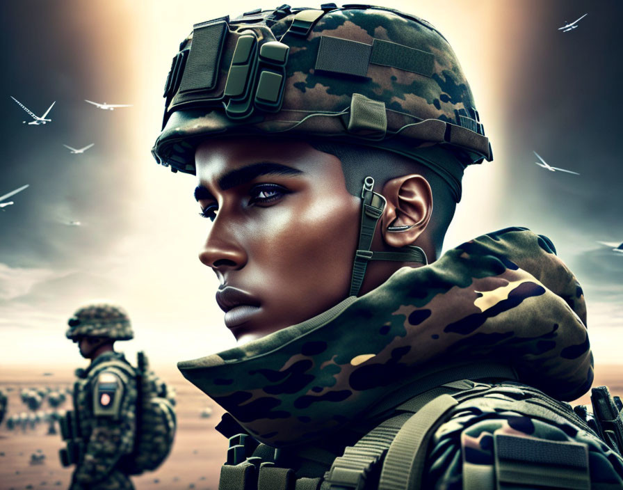 Digital artwork: Female soldier in desert battlefield with missiles & distant soldier