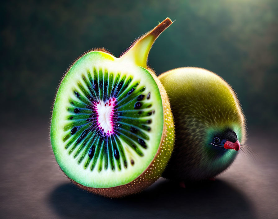 Kiwi Fruit Transformed into Bird with Sliced Half Showing Seeds