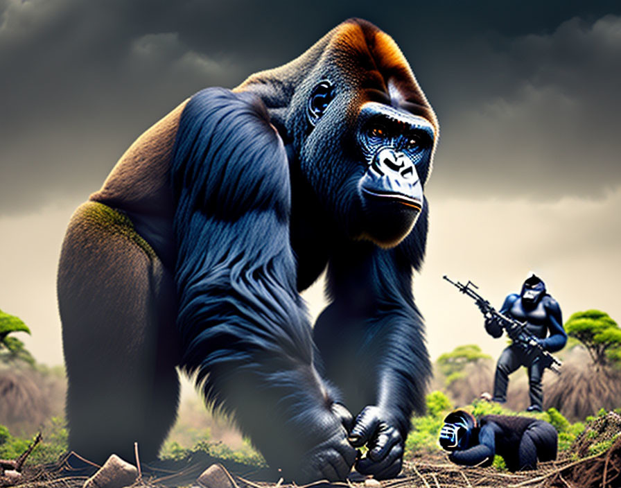 Dramatic jungle scene with large gorilla and armed figures