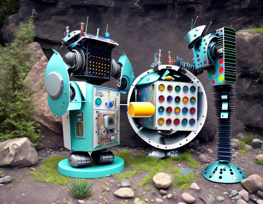 Colorful Whimsical Robots Among Rocks in Natural Setting