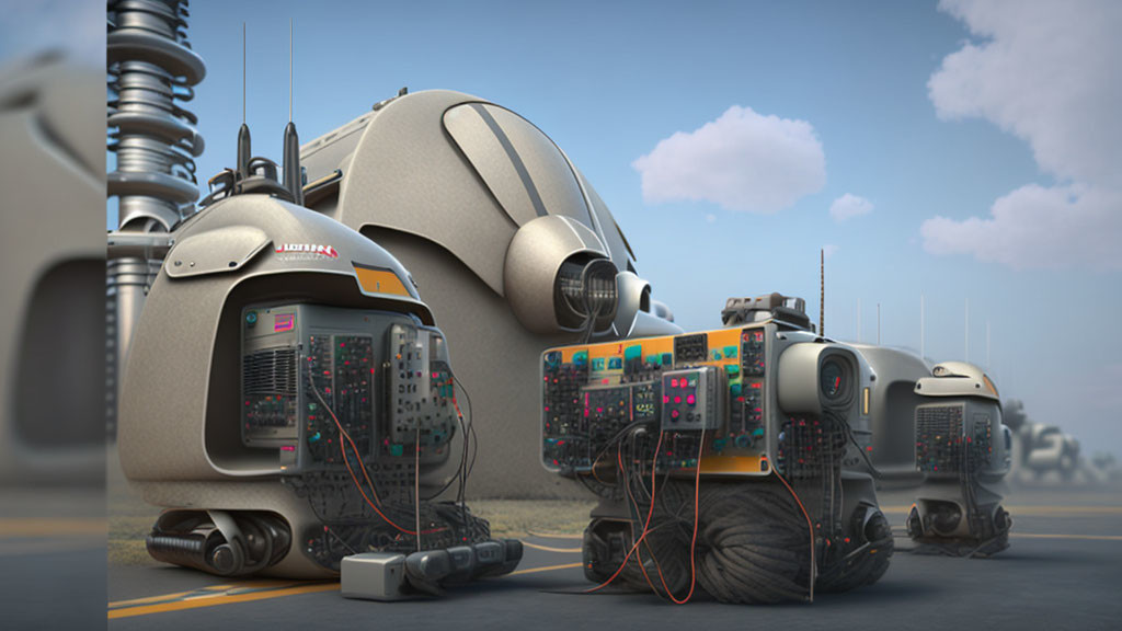 Futuristic robots connected with wires on deserted road