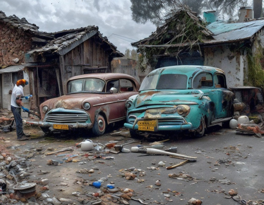 Abandoned cars and buildings with a man standing under cloudy sky