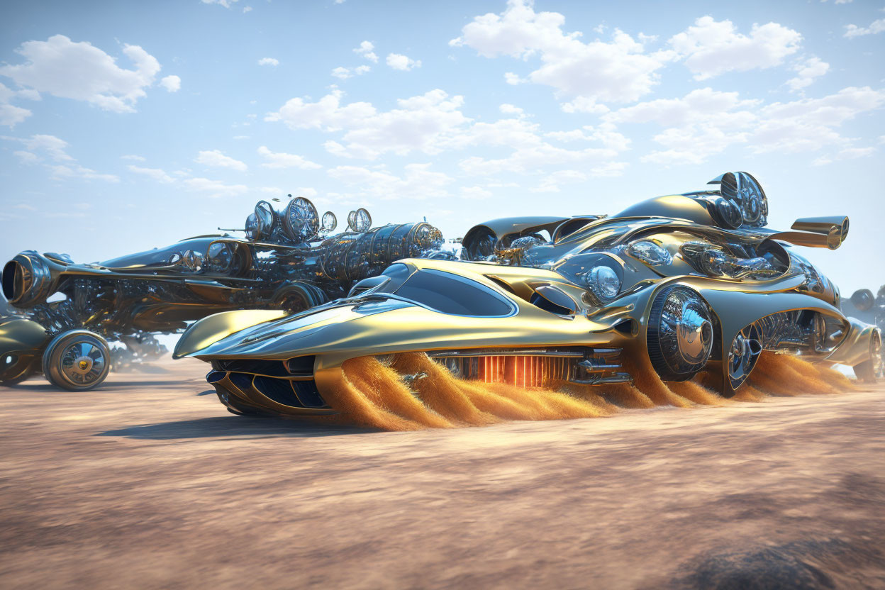 Sleek Metallic Futuristic Vehicles Racing in Desert Terrain