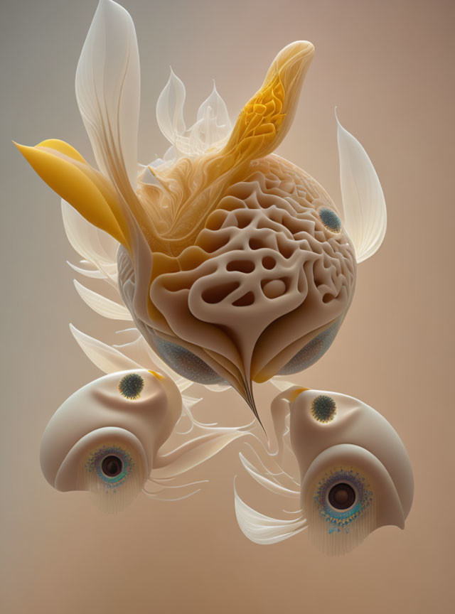 Intricate spherical digital artwork with petal-like elements and eye-like structures