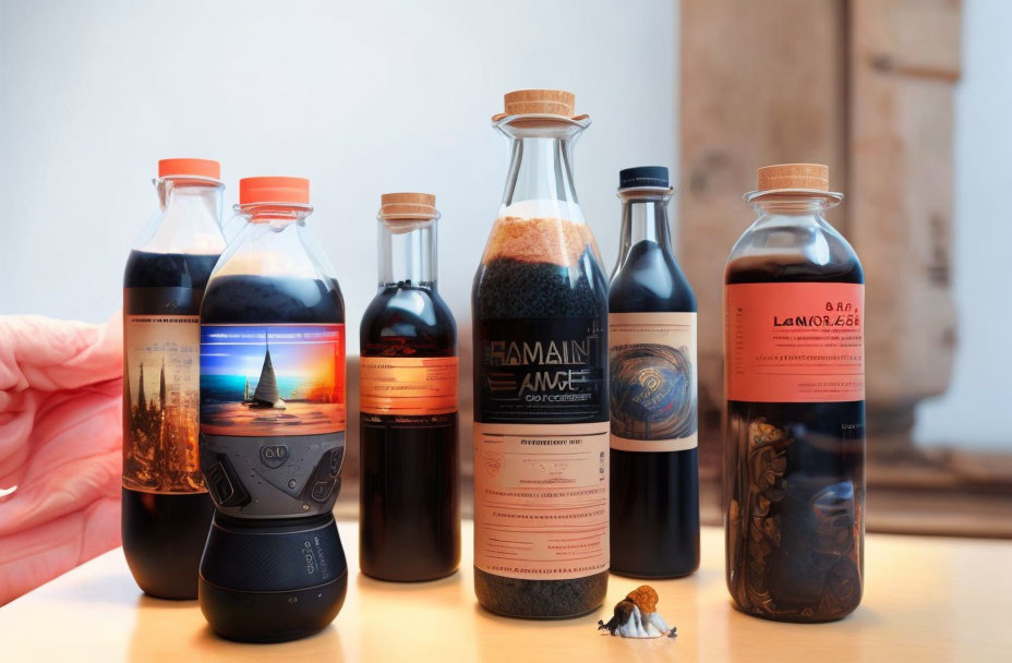 Assorted dark liquid-filled bottles with elegant labels on wooden surface