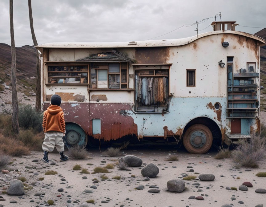 Person in orange hoodie by old rusted caravan in desolate landscape