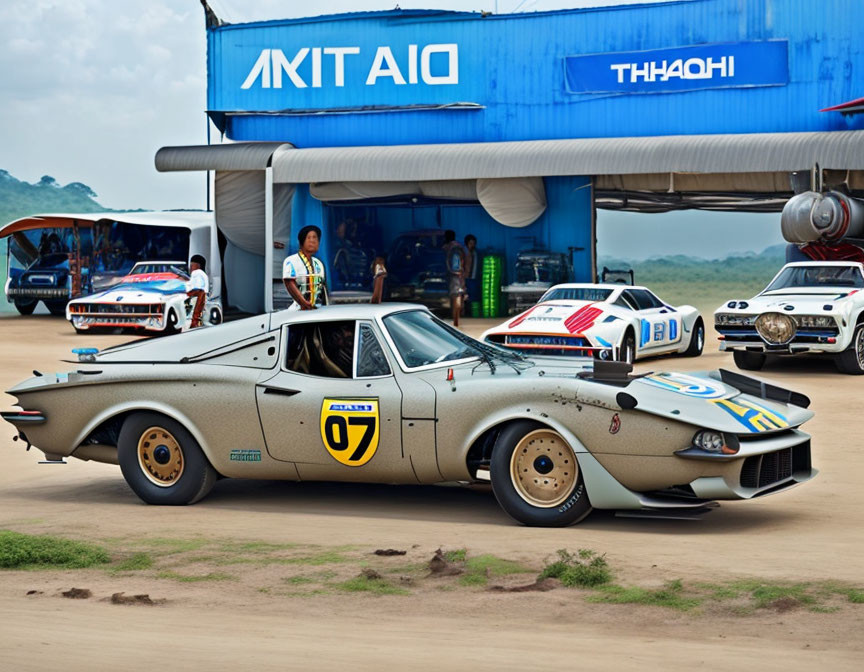 Vintage race car and person in retro setting with "KIT AID" sign