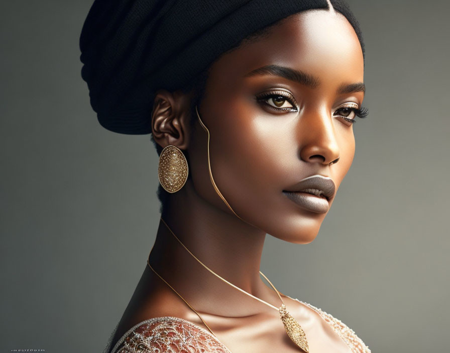 Woman portrait: dark skin, head wrap, elegant jewelry, strong facial features, subtle makeup.