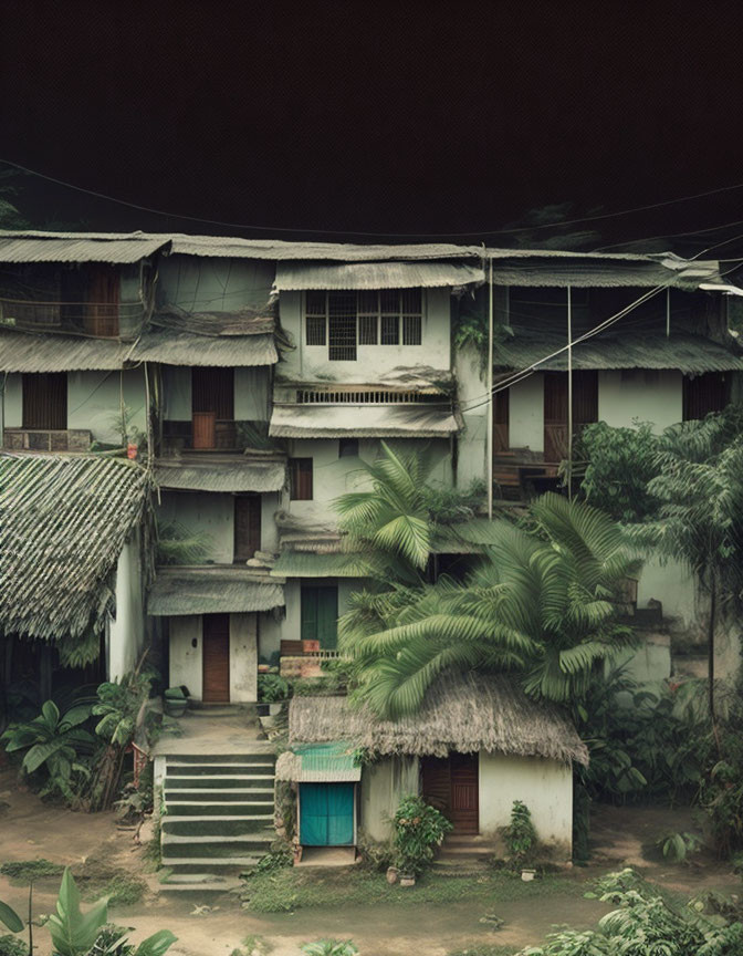 Weathered multi-story building with balconies, peeling paint, and overgrown plants