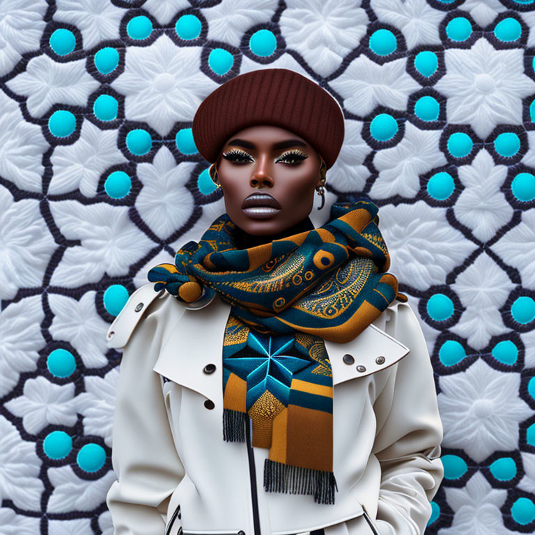 Stylish figure with bold makeup in white trench coat