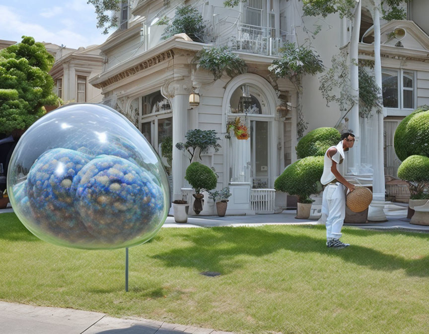 Person in white attire gazes at blue sphere near elegant building.