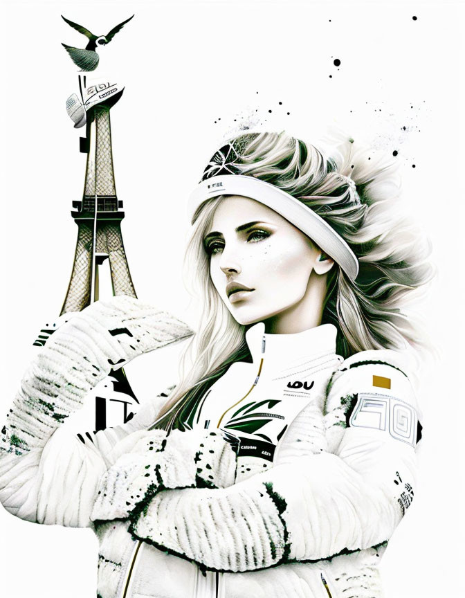Stylized illustration of a modern woman with Eiffel Tower and flowers.