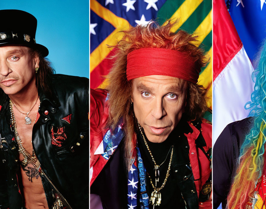 Portrait series: same person in different outfits and hairstyles with flag backdrops, rock star theme.