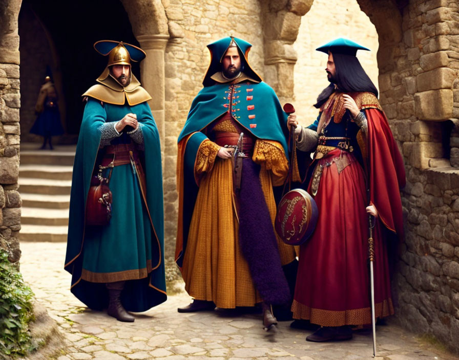 Medieval-themed individuals in ornate costumes and capes under stone archway