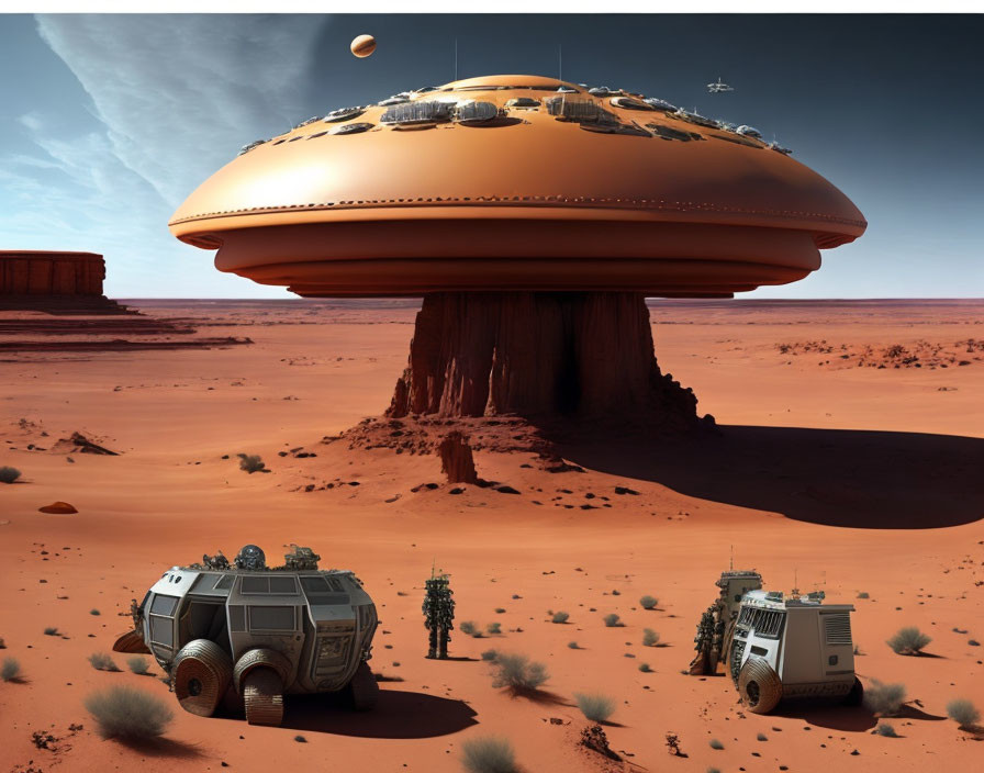 Desert landscape with UFO, futuristic vehicles, and explorers