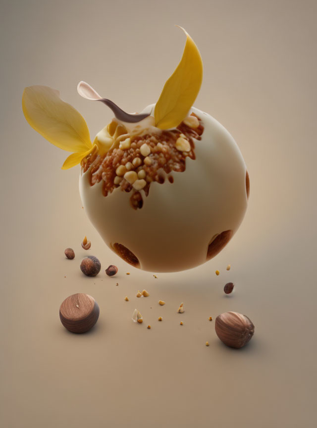 White Chocolate Shell Dessert with Flower Petals, Caramel Drizzle, and Nuts Displayed