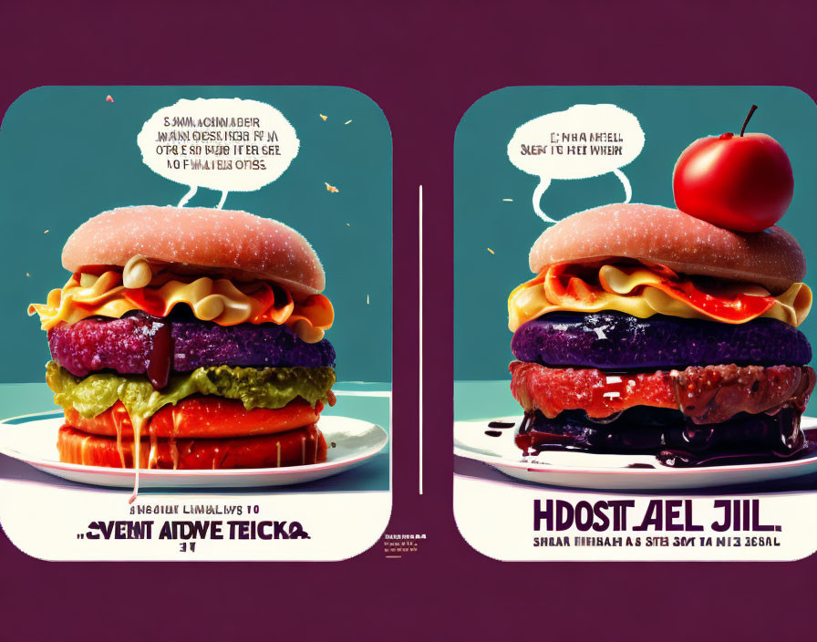 Colorful Towering Burgers on Dark Red Background