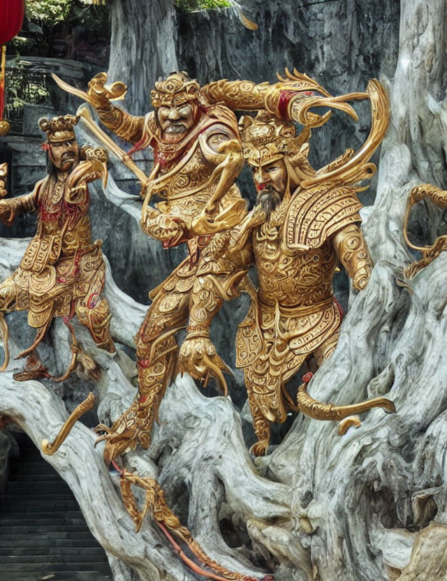 Golden warrior statues emerging from tree roots with weapons in dynamic brandishing pose