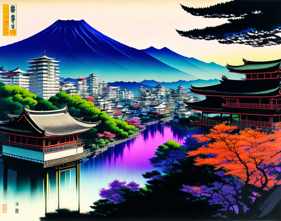 Traditional Japanese Artwork: Mount Fuji, River, Cherry Blossoms