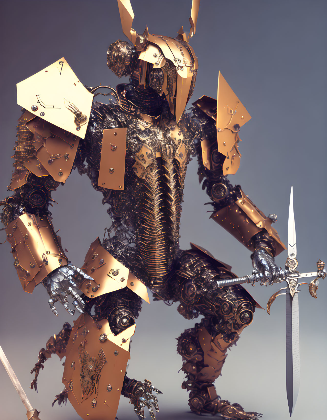 Detailed 3D rendering of metallic steampunk knight in ornate armor with sword